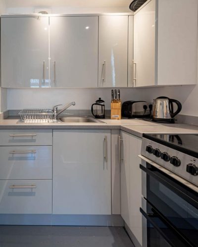 Kitchen at Pine Lodge, one of our lovely lodges available for holiday lets at Bedgebury Park Estate in Kent.